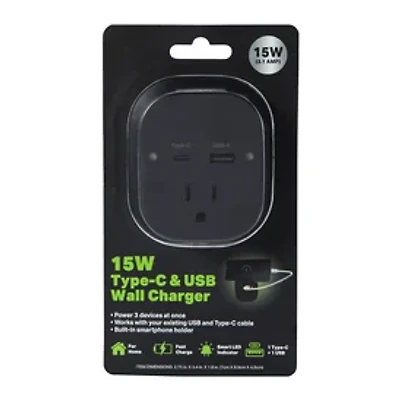 15W USB-C & USB Wall Charger With Outlet