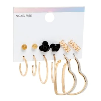 Gold Heart Studs & Hoop Earrings Set, 6 Pairs