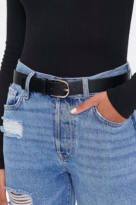 Faux Leather Buckle Belt in Black/Gold, XS/S