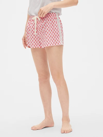 Lace-Trim Print Shorts in Poplin