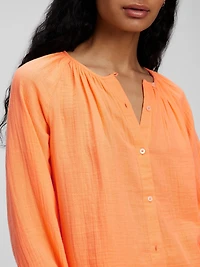 Crinkle Gauze Boatneck Button-Front Top