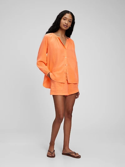 Crinkle Gauze Boatneck Button-Front Top