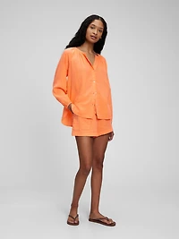 Crinkle Gauze Boatneck Button-Front Top