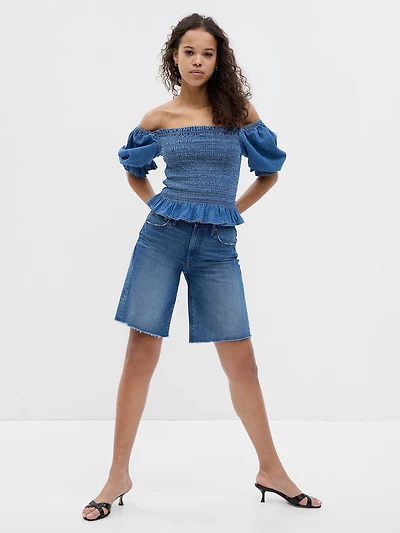 Puff Sleeve Denim Smocked Peplum Top