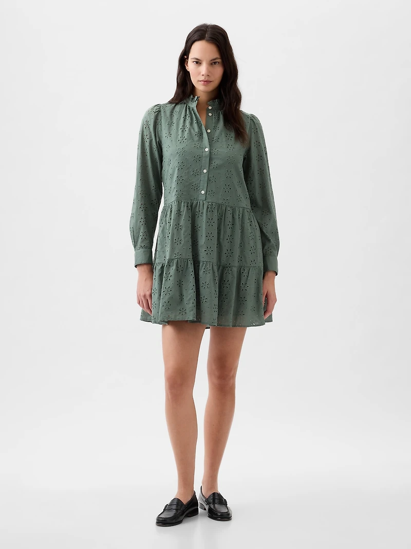 Eyelet Tiered Mini Shirtdress