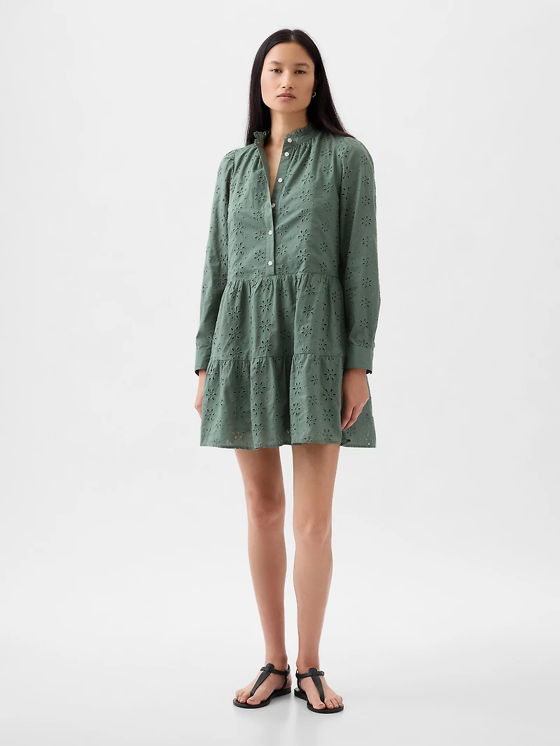 Eyelet Tiered Mini Shirtdress