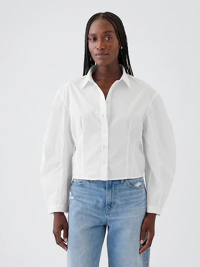 Organic Cotton Poplin Barrel-Sleeve Crop Shirt