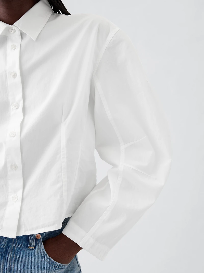 Organic Cotton Poplin Barrel-Sleeve Crop Shirt