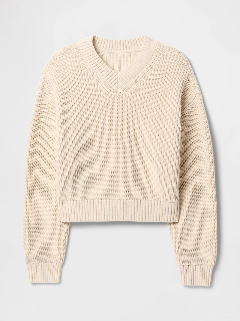 100% Cotton Shaker-Stitch V-Neck Sweater
