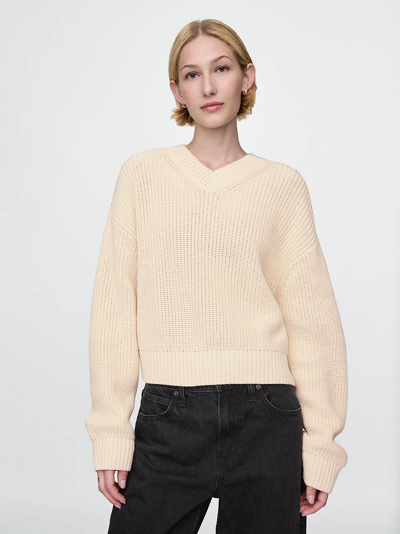 100% Cotton Shaker-Stitch V-Neck Sweater