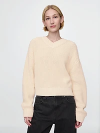 100% Cotton Shaker-Stitch V-Neck Sweater