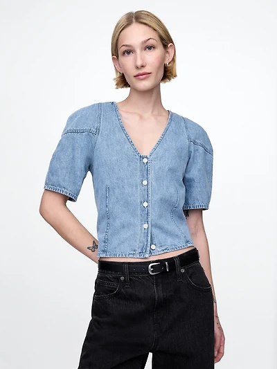 Denim Barrel-Sleeve Crop Shirt