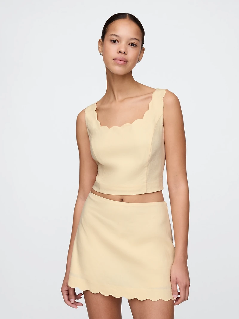 Linen-Blend Scalloped Crop Top