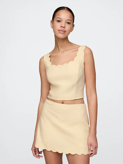 Linen-Blend Scalloped Crop Top