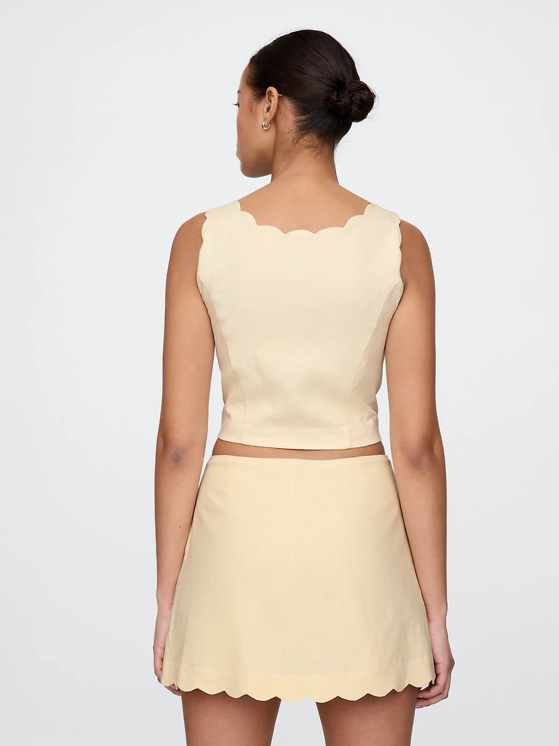 Linen-Blend Scalloped Crop Top