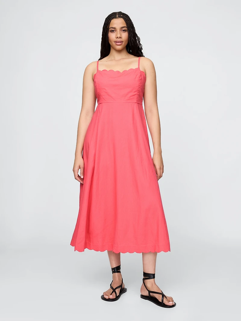 Linen-Blend Scalloped Midi Dress