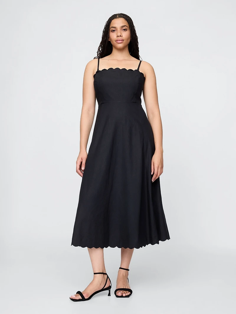 Linen-Blend Scalloped Midi Dress
