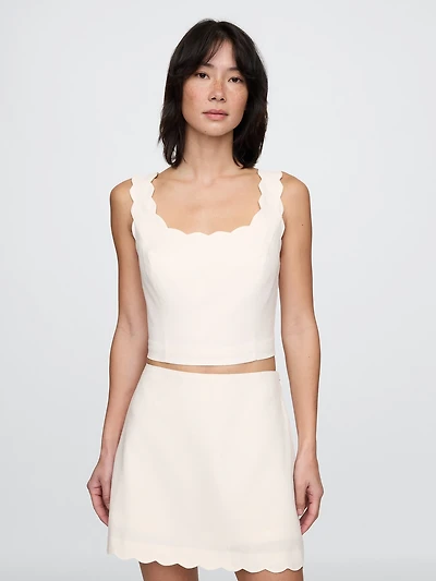 Linen-Blend Scalloped Crop Top