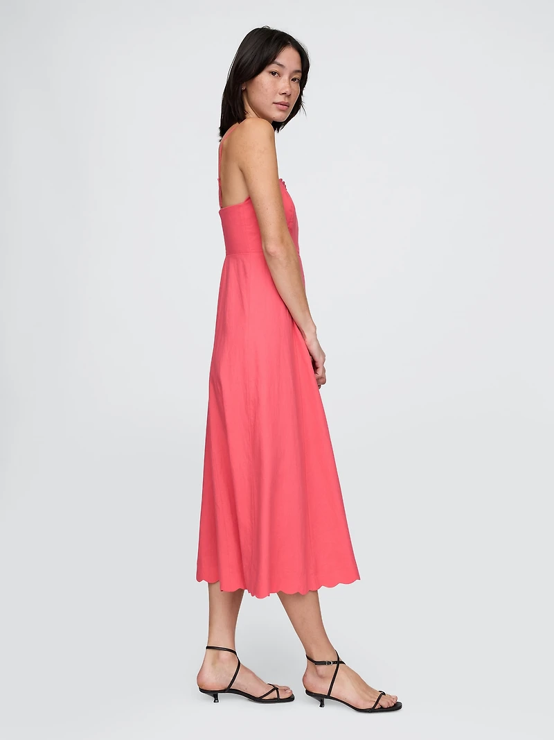 Linen-Blend Scalloped Midi Dress