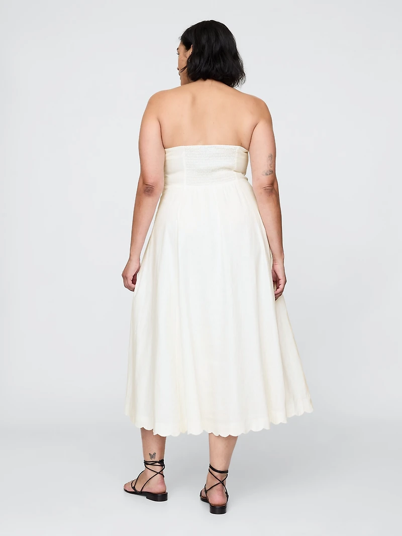 Linen-Blend Scalloped Midi Dress