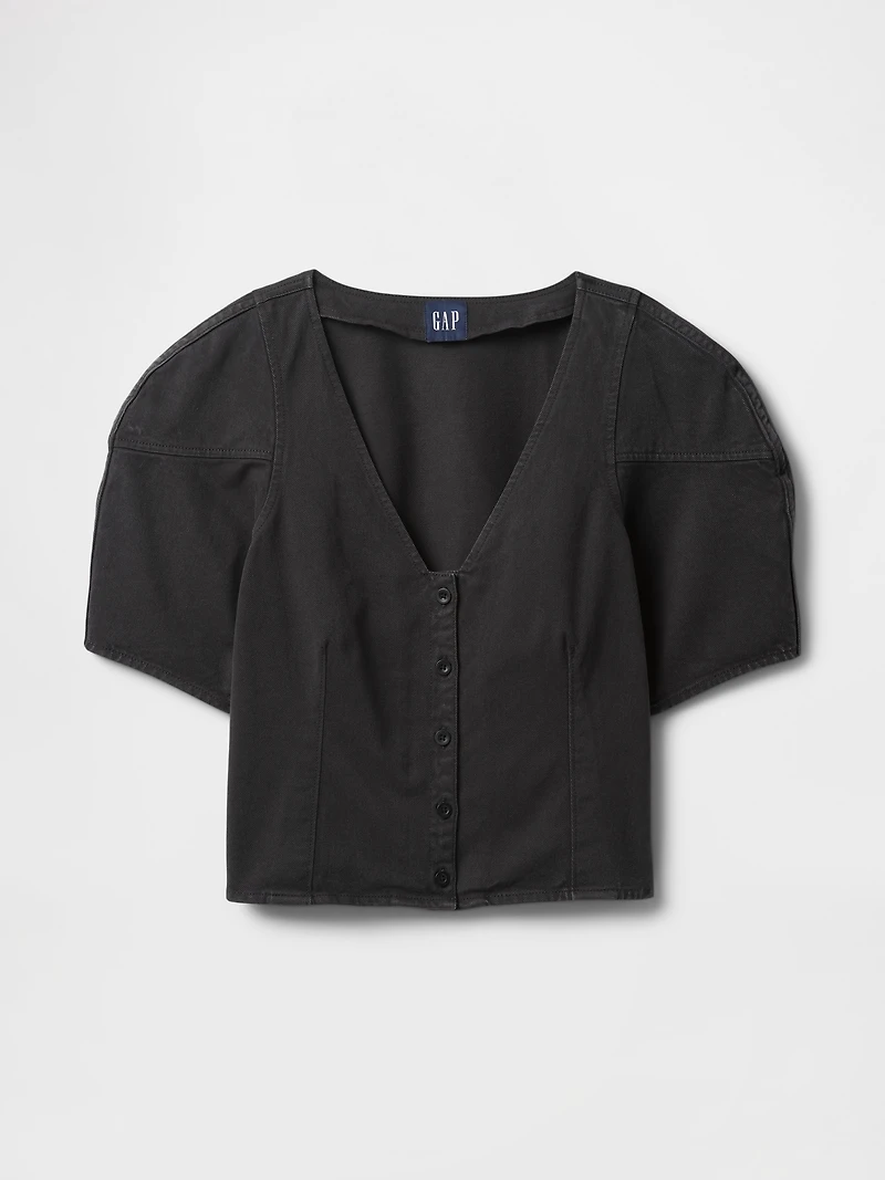 Denim Barrel-Sleeve Crop Shirt