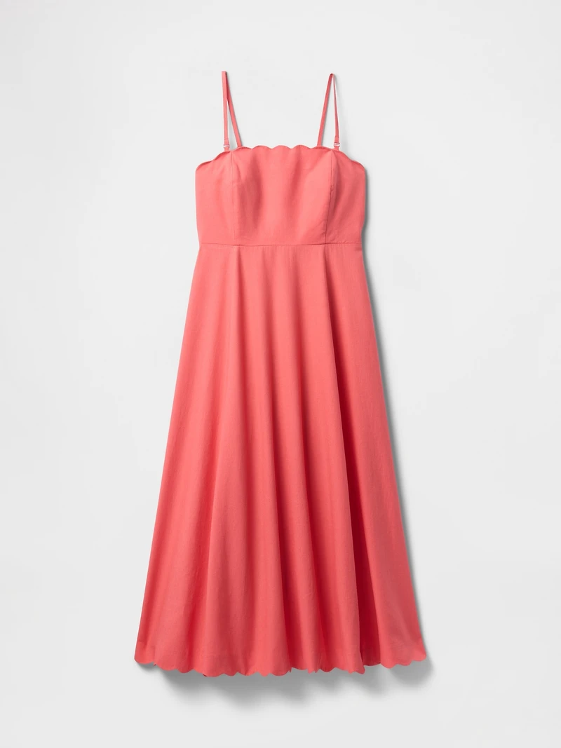 Linen-Blend Scalloped Midi Dress