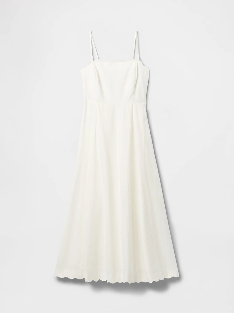 Linen-Blend Scalloped Midi Dress