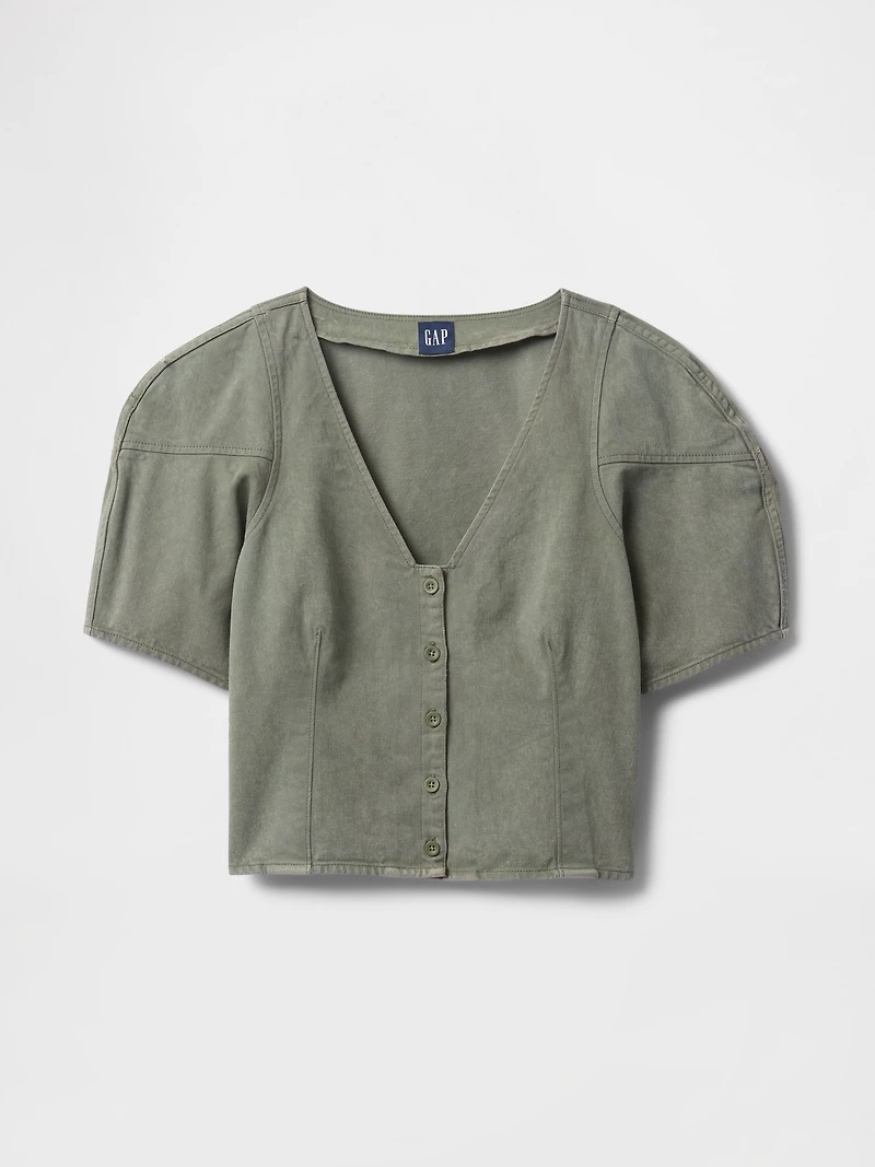 Denim Barrel-Sleeve Crop Shirt