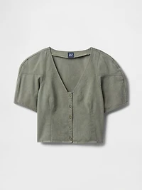 Denim Barrel-Sleeve Crop Shirt
