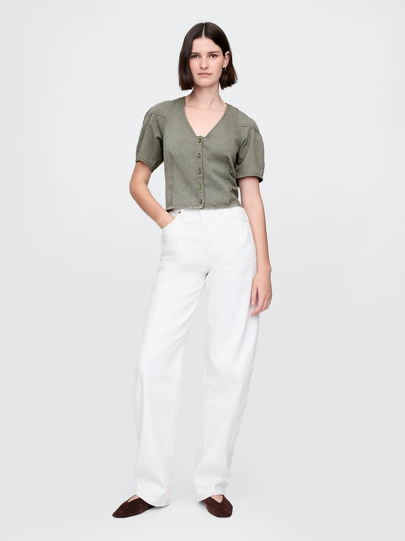 Denim Barrel-Sleeve Crop Shirt