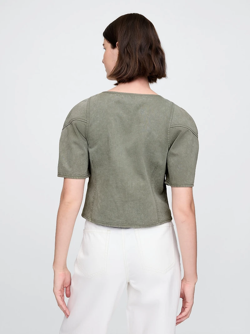 Denim Barrel-Sleeve Crop Shirt