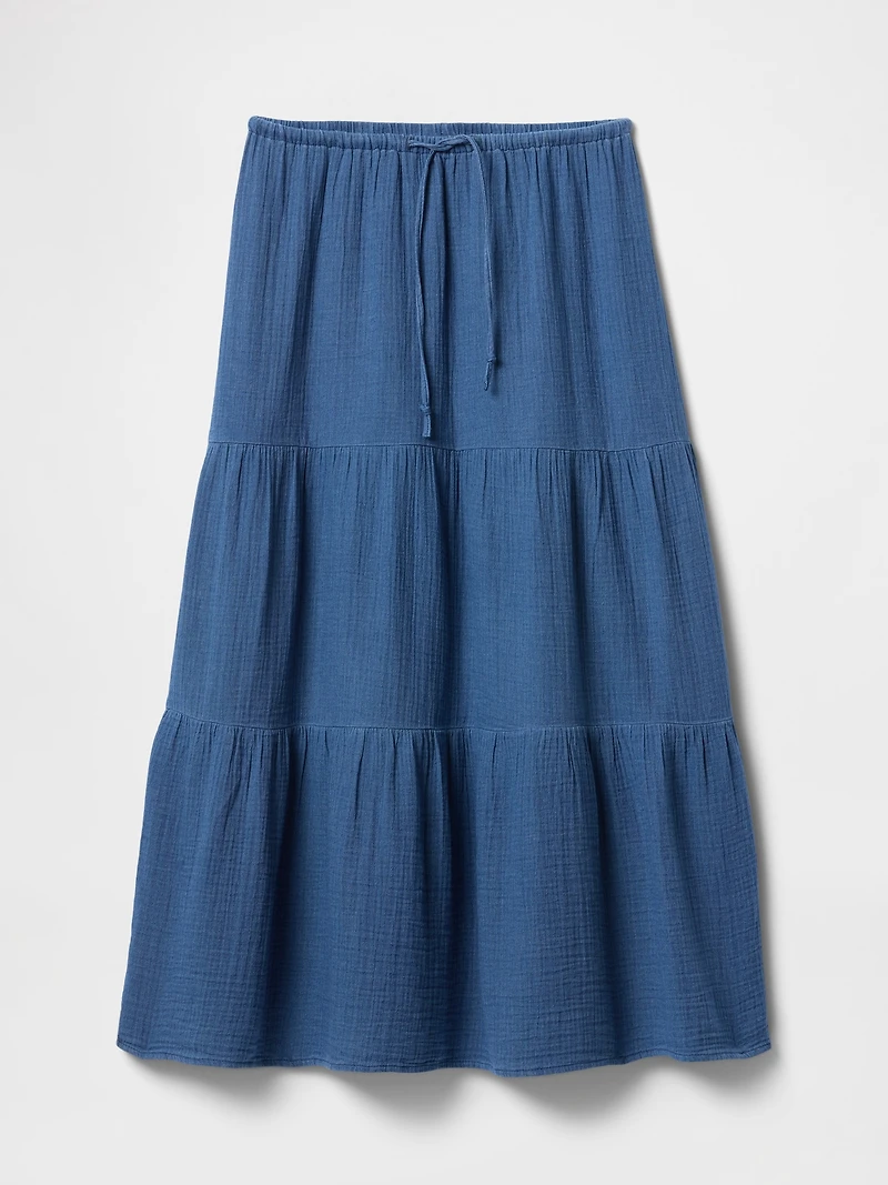 Cotton Gauze Denim Tiered Maxi Skirt