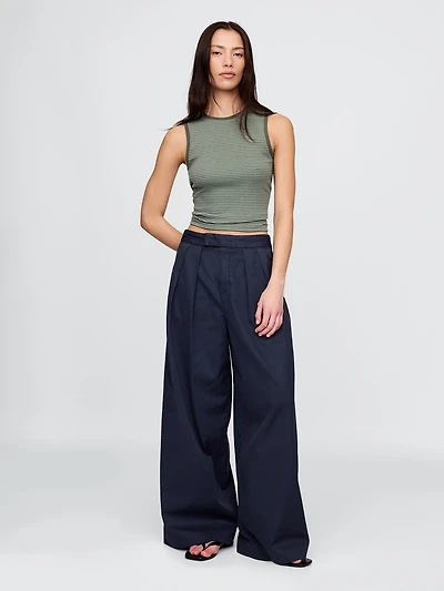 High Rise Twill Pleated Wide-Leg Khakis