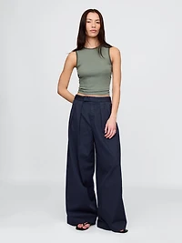 High Rise Twill Pleated Wide-Leg Khakis