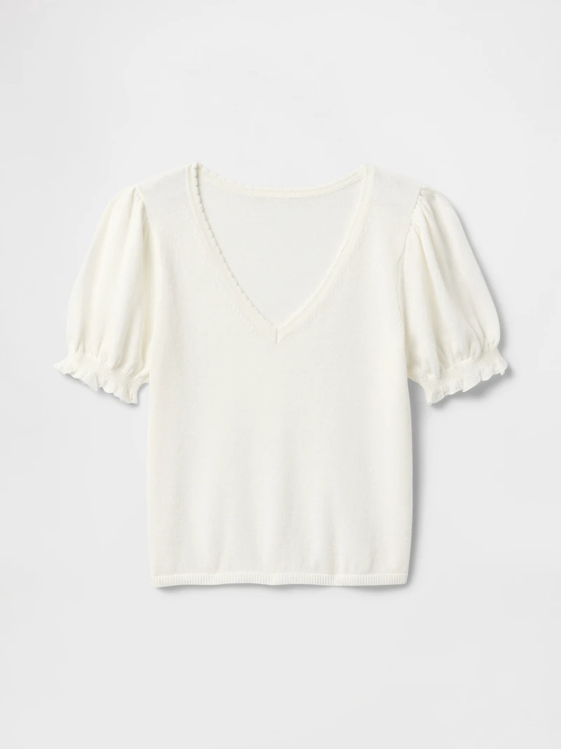 Linen-Blend Puff-Sleeve Sweater Top