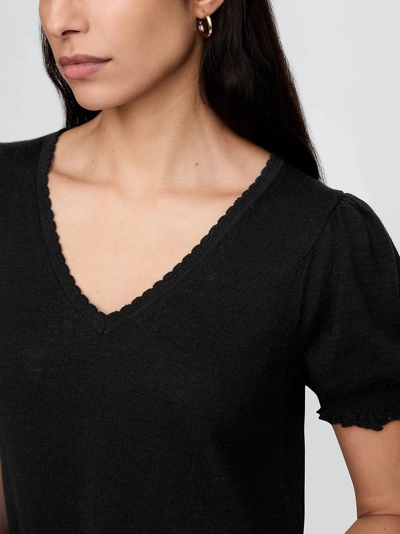 Linen-Blend Puff-Sleeve Sweater Top