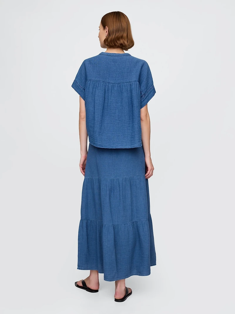 Cotton Gauze Denim Tiered Maxi Skirt