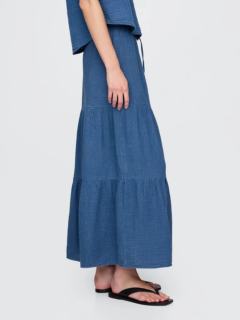 Cotton Gauze Denim Tiered Maxi Skirt