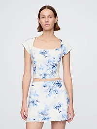 Linen-Blend Cap-Sleeve Crop Top