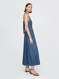 Denim Tie-Back Halter Maxi Dress