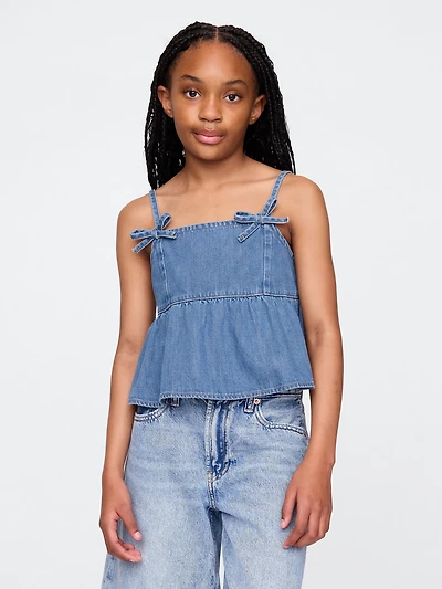 Kids Denim Bow-Strap Peplum Top