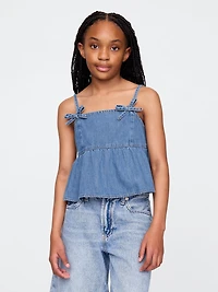Kids Denim Bow-Strap Peplum Top