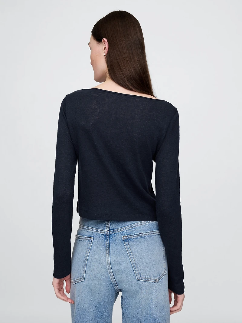 Linen-Blend Boatneck Crop T-Shirt