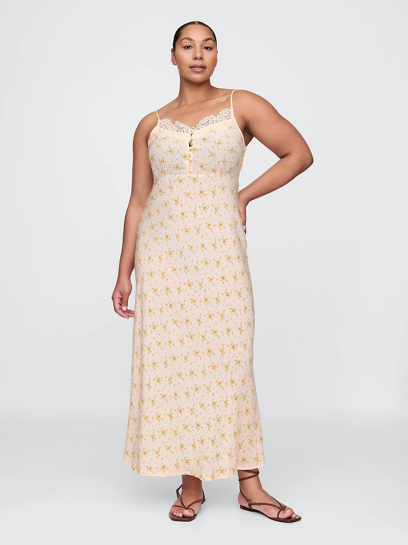 Crepe Lace-Trim Sweetheart Maxi Dress