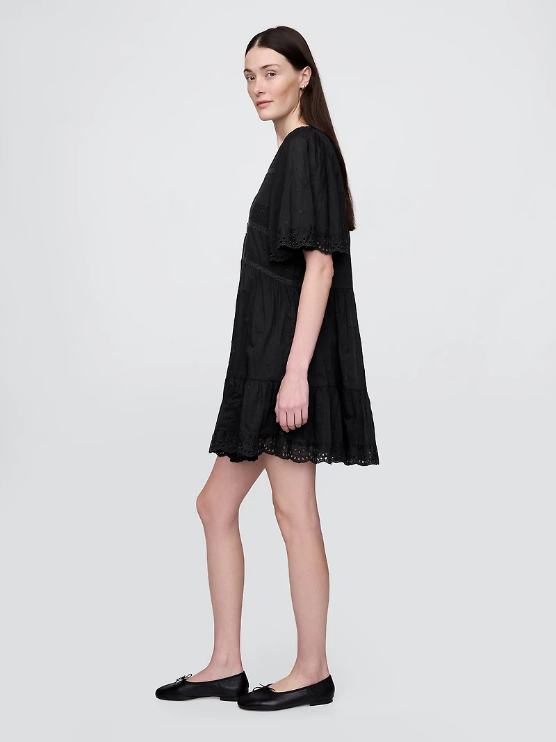 Flutter-Sleeve Eyelet Mini Dress