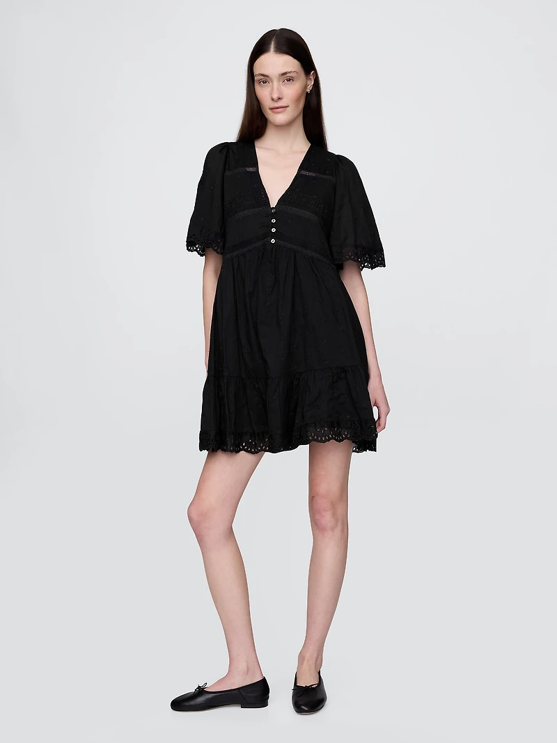 Flutter-Sleeve Eyelet Mini Dress