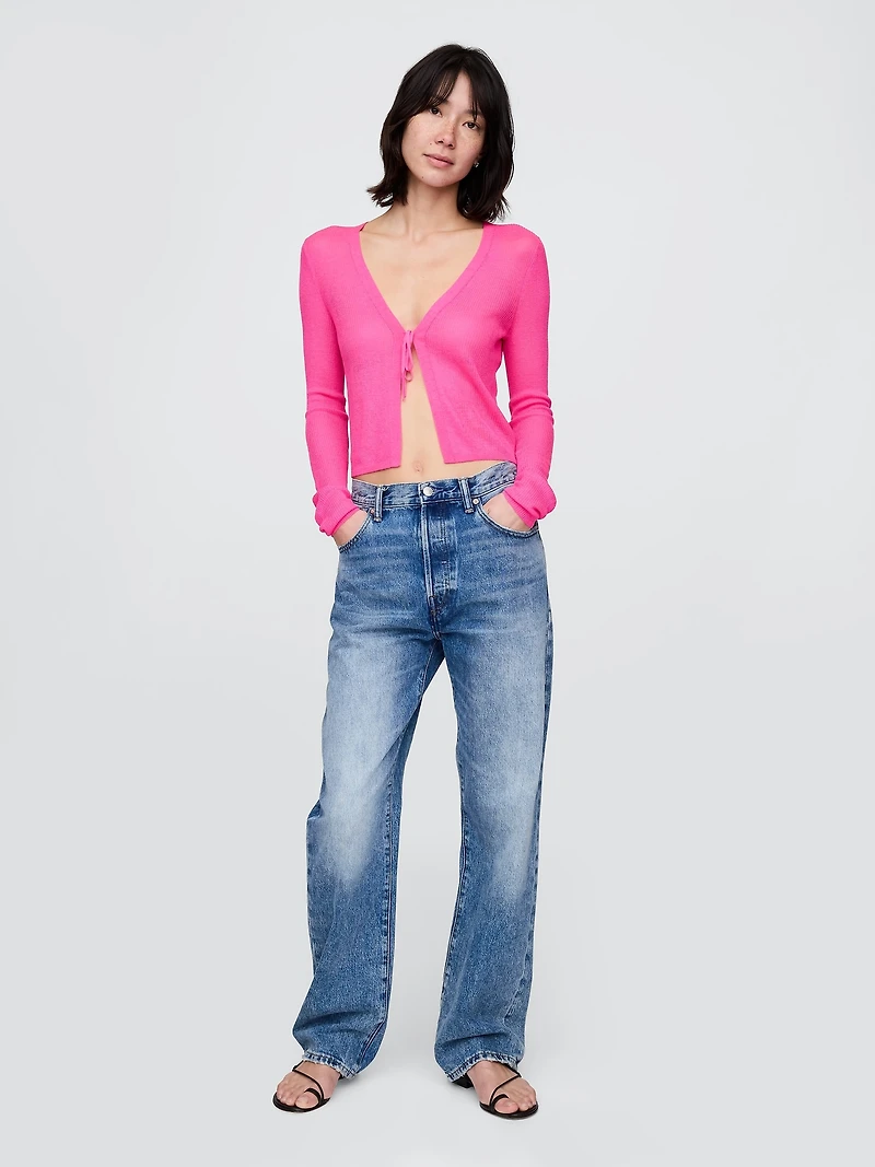 Sheer Rib Tie-Front Crop Cardigan Sweater