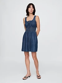 Denim Tie-Front Smocked Waist Mini Dress