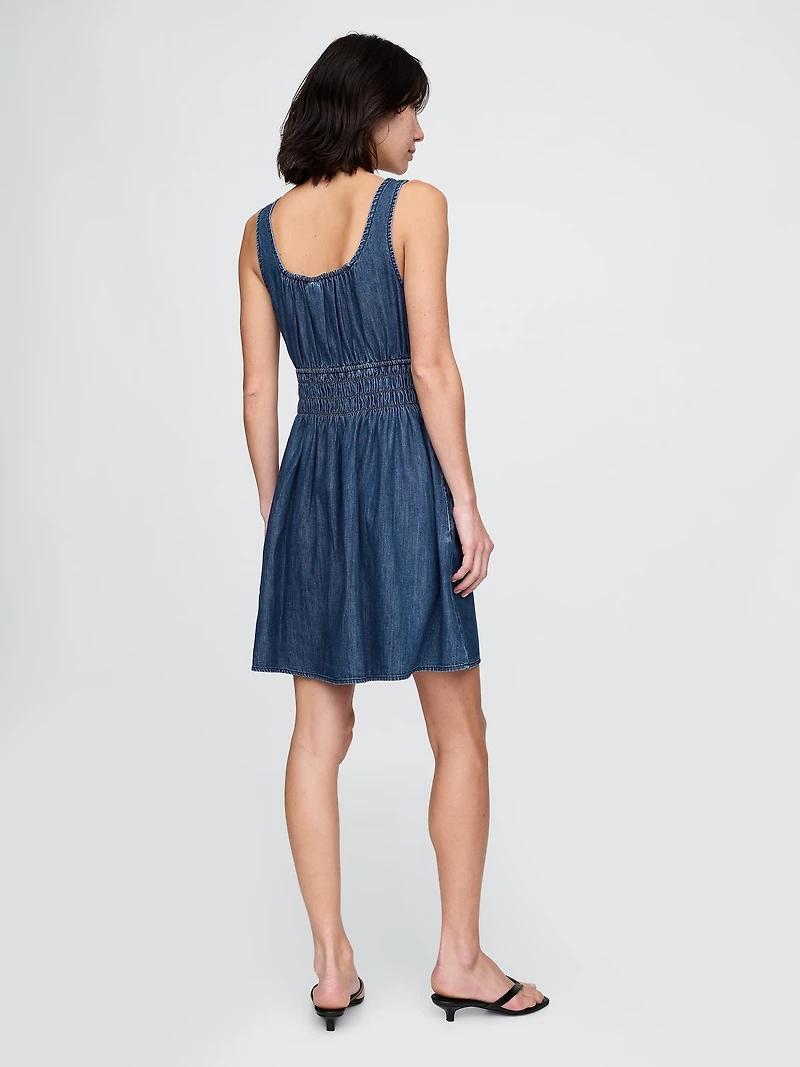 Denim Tie-Front Smocked Waist Mini Dress