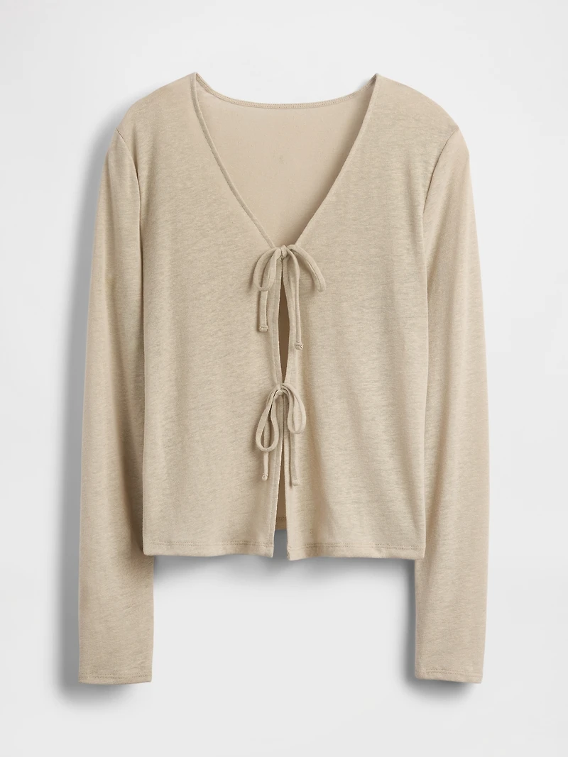 Linen-Blend Tie-Front Cardigan